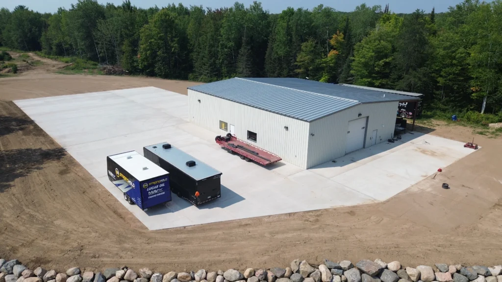 An active construction site with materials and structures in progress.