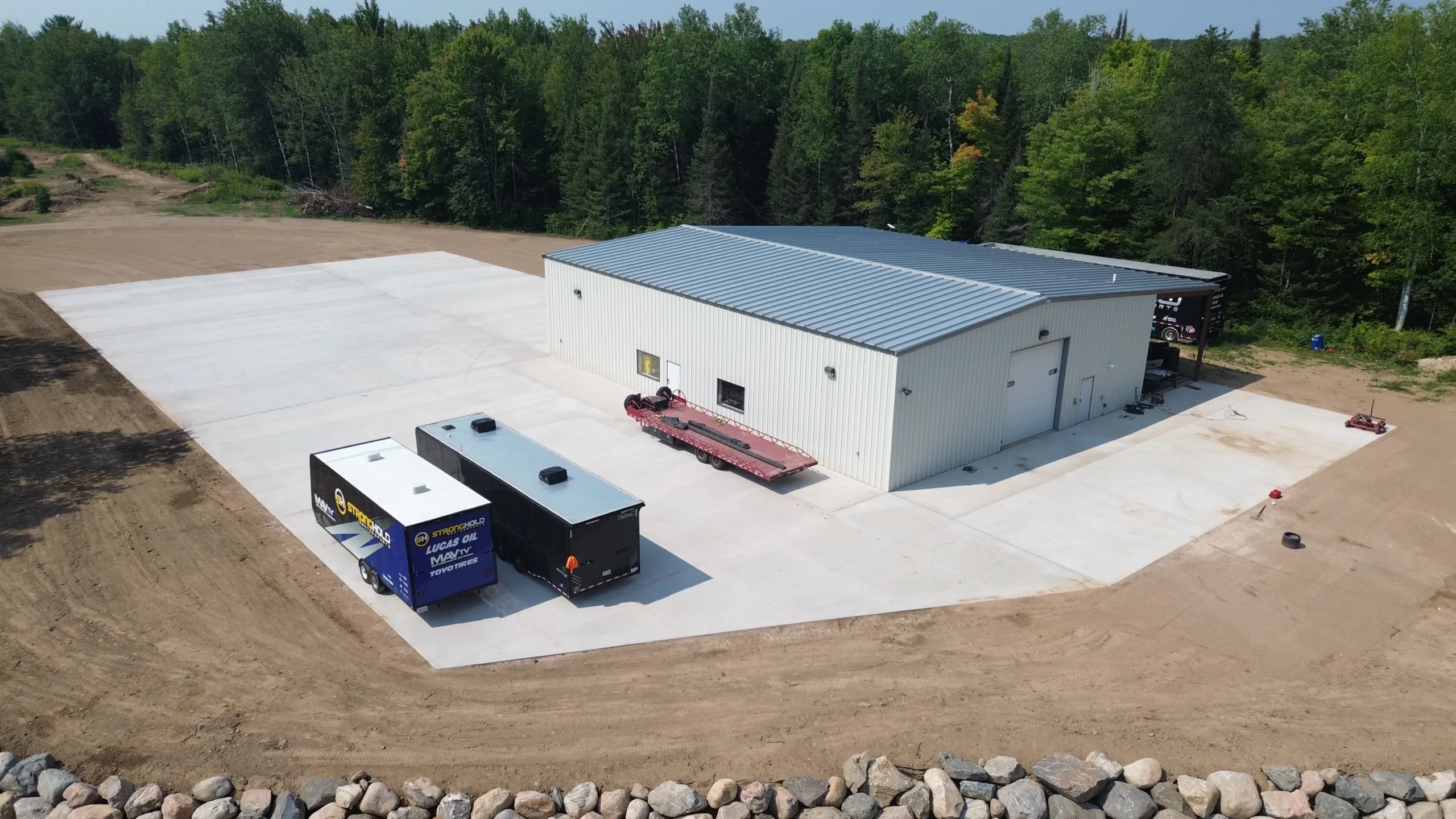 An active construction site with materials and structures in progress.