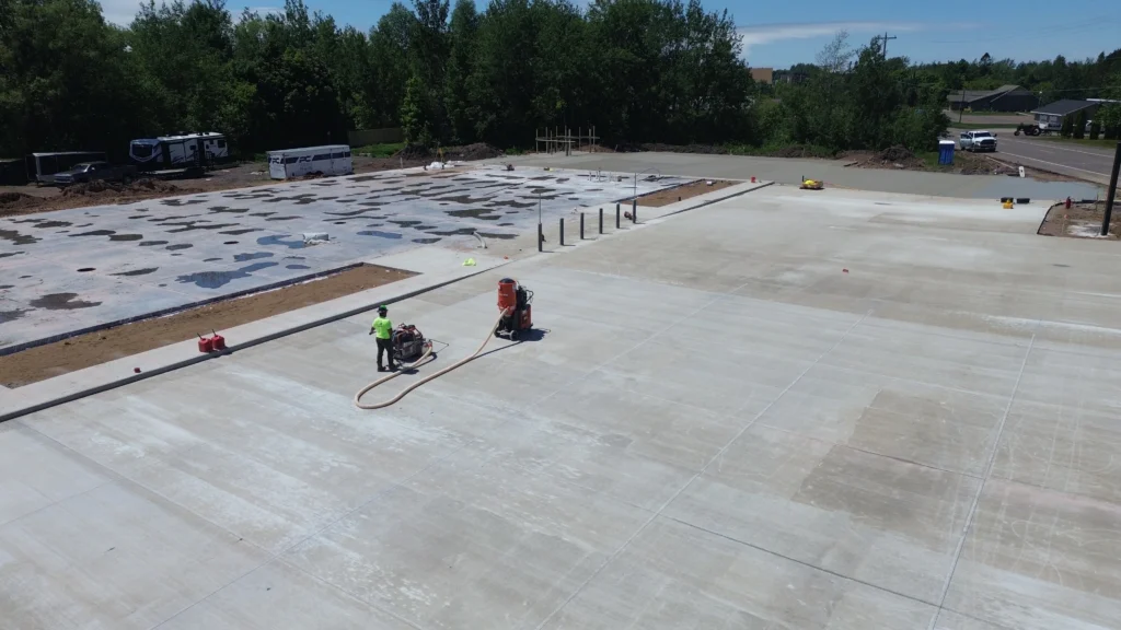 An active construction site with materials and structures in progress.