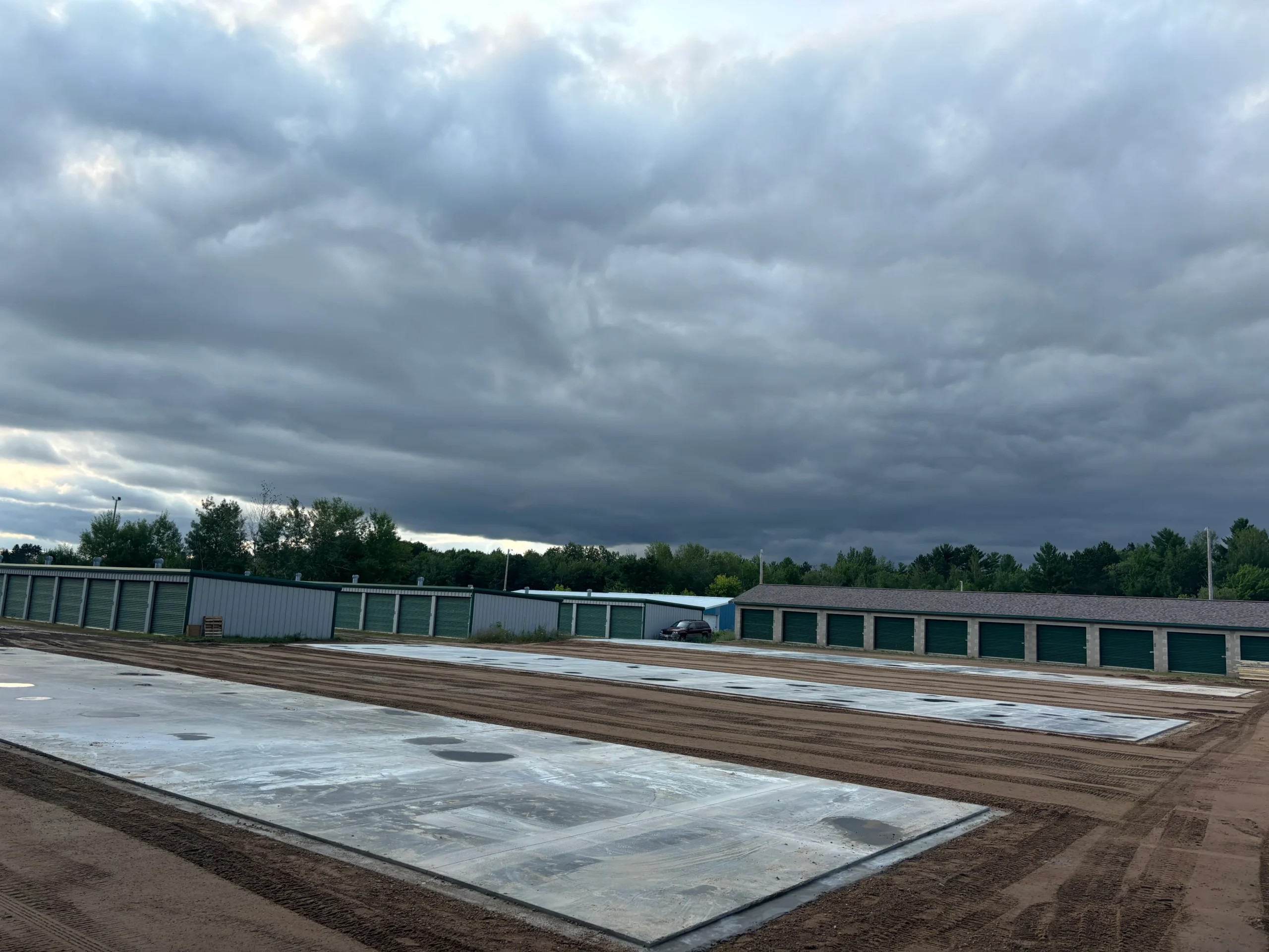 An active construction site with materials and structures in progress.