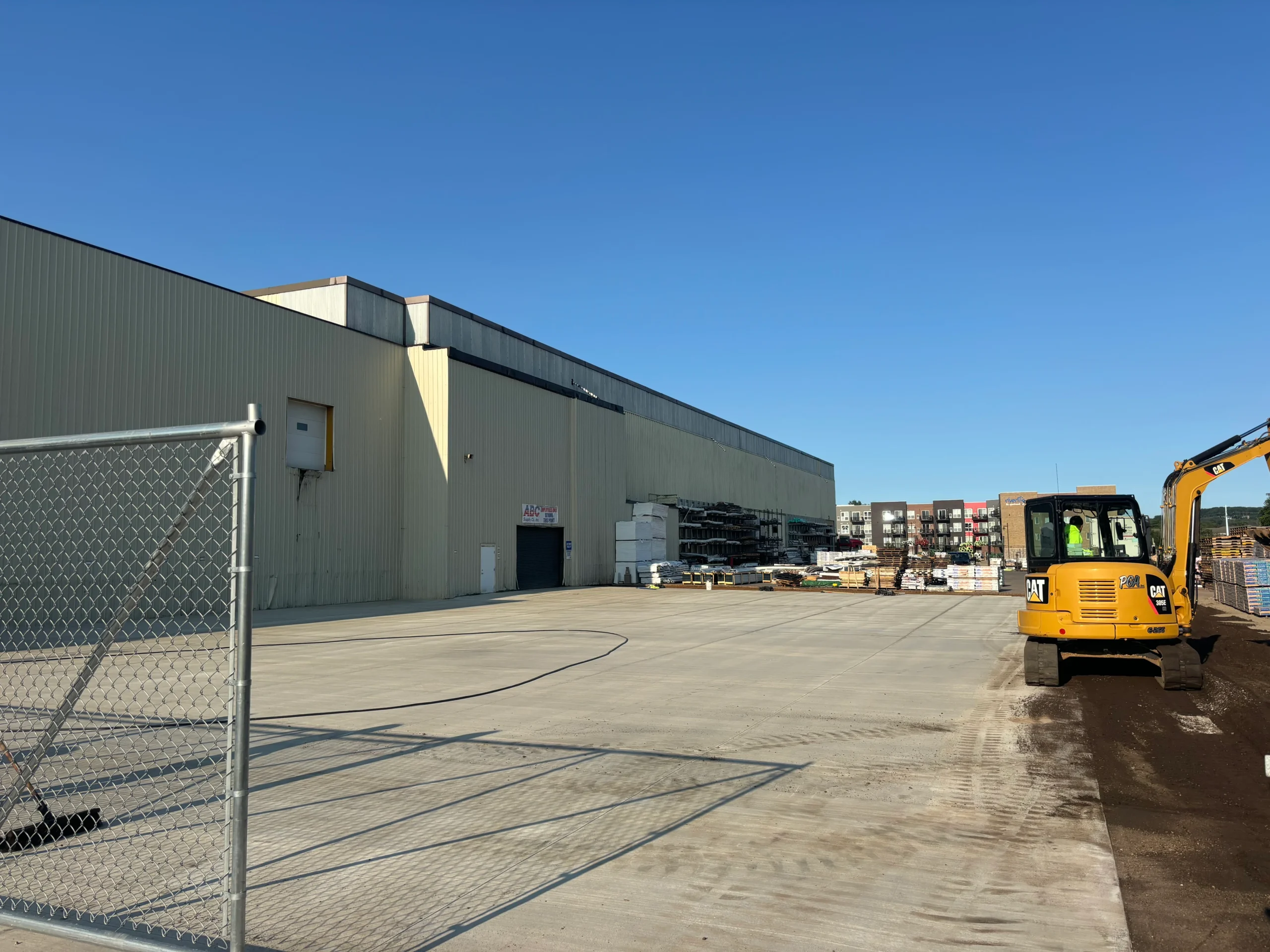 An active construction site with materials and structures in progress.