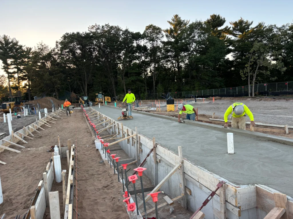 An active construction site with materials and structures in progress.