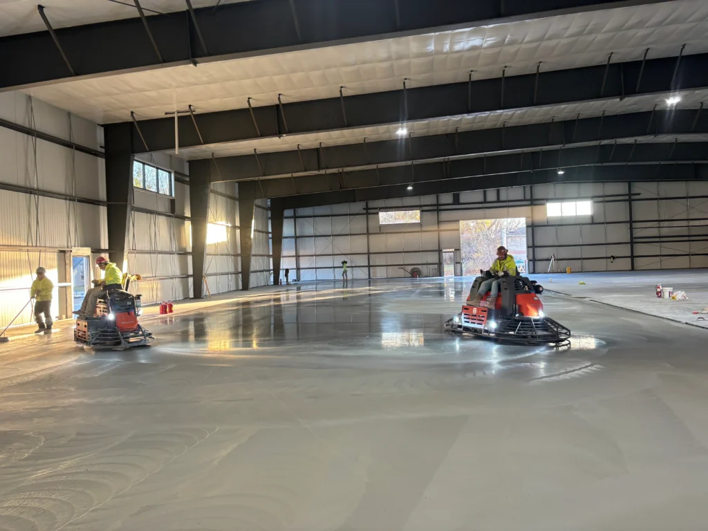 An active construction site with materials and structures in progress.