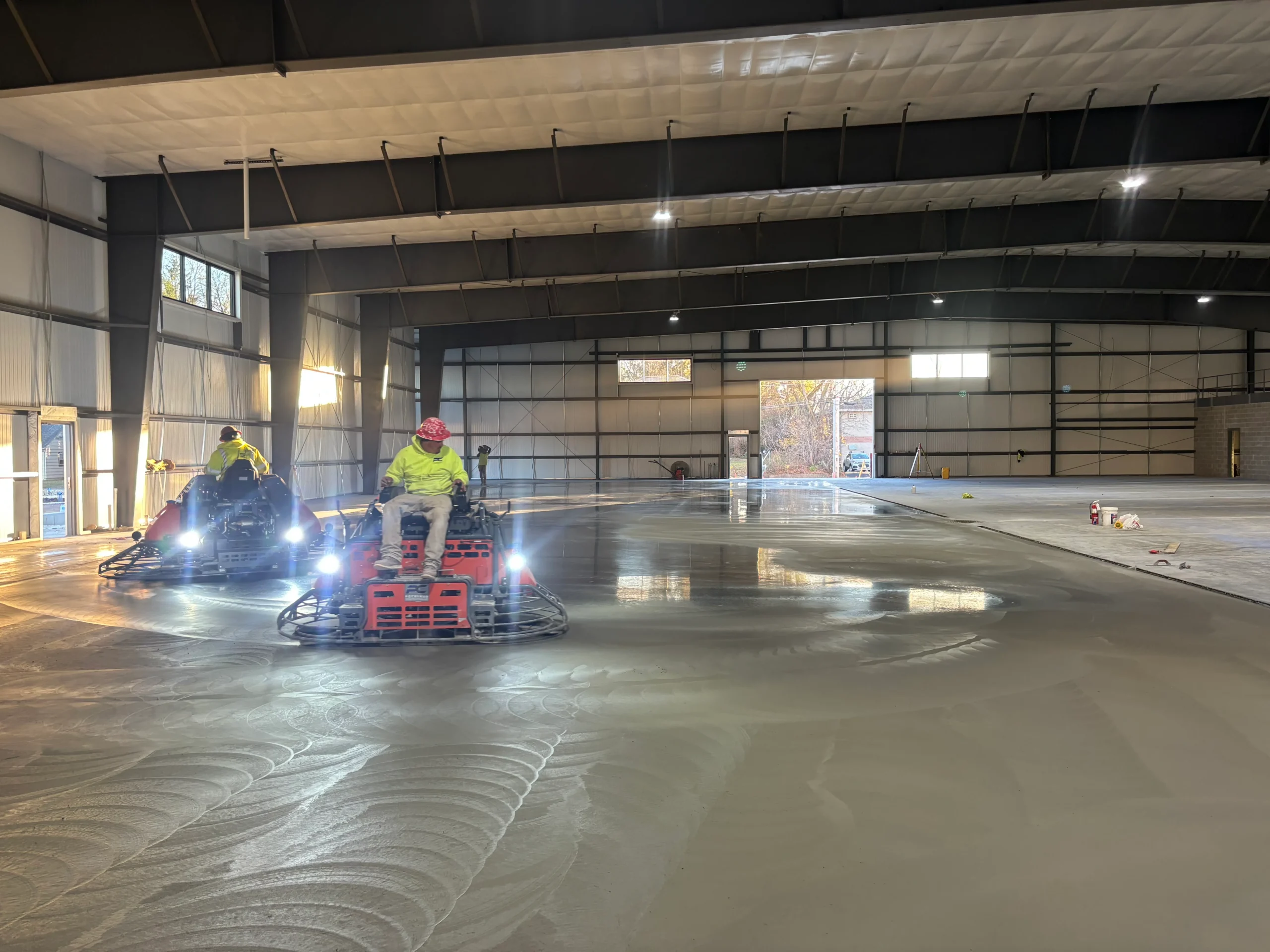 An active construction site with materials and structures in progress.