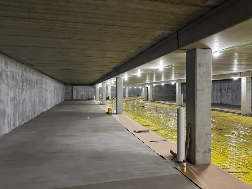 An active construction site with materials and structures in progress.