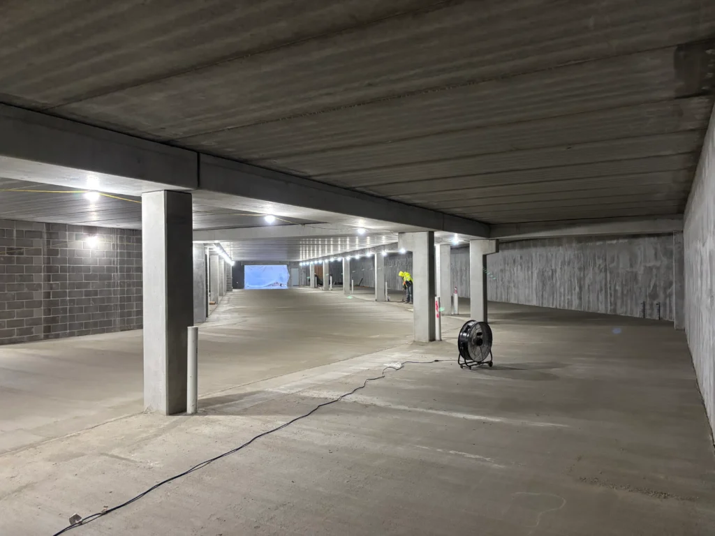 An active construction site with materials and structures in progress.
