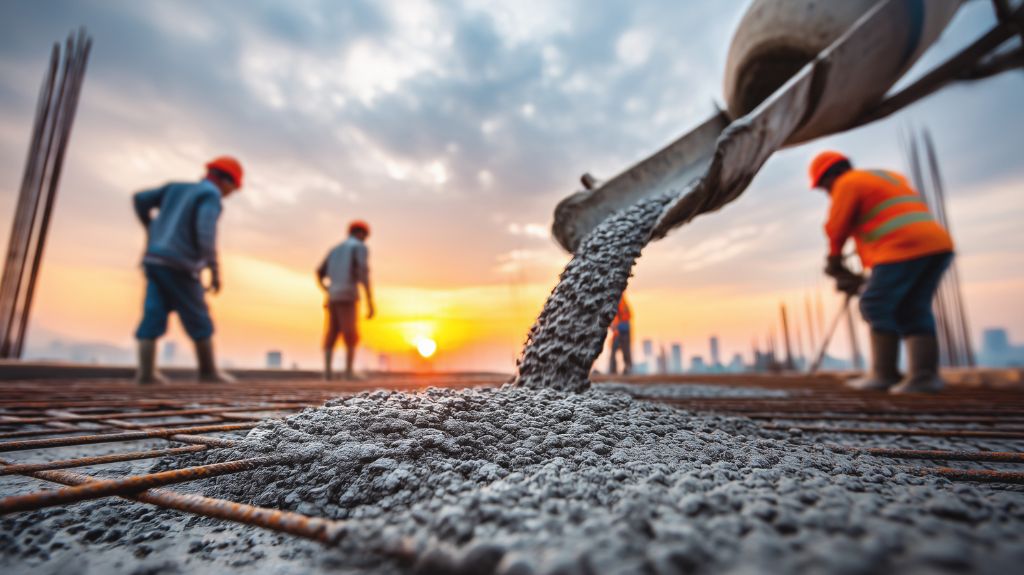 Construction Workers Pouring a Concrete Foundation at Sunrise