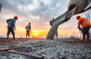 Concrete being poured onto rebar with construction workers in orange safety gear at sunset.