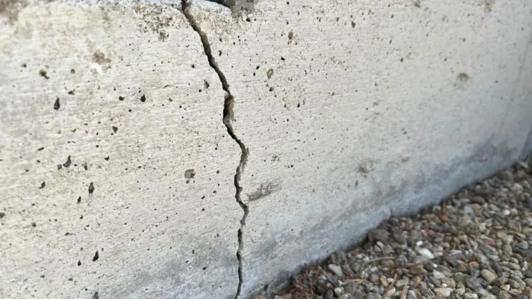 Close-up of a vertical crack in a light gray concrete wall above a gravel surface.