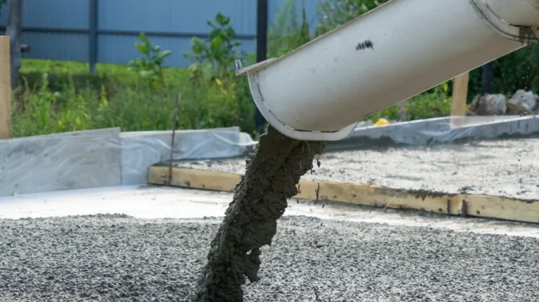 Concrete being poured from a white chute onto a prepared construction site with wooden framing.