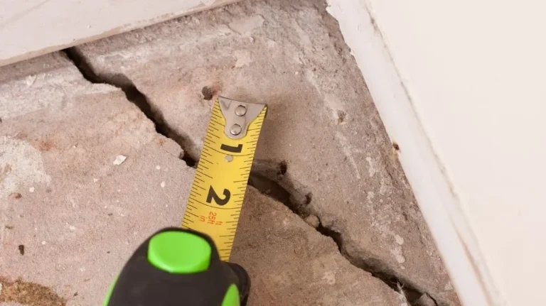 Close-up of a cracked concrete floor with a yellow measuring tape showing a two-inch gap.