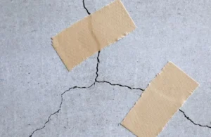 Concrete surface with visible cracks partially covered by two pieces of beige adhesive tape.
