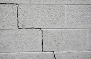 Close-up of a white concrete block wall with a prominent vertical and horizontal crack.