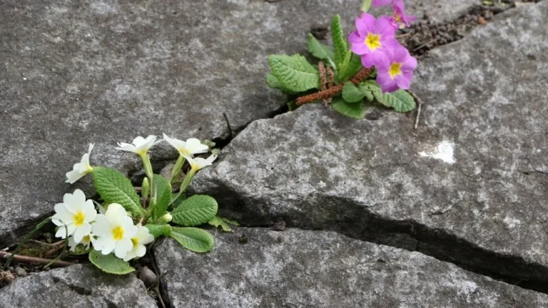 Delicate white and pink primrose flowers growing between gray stone pavement cracks.