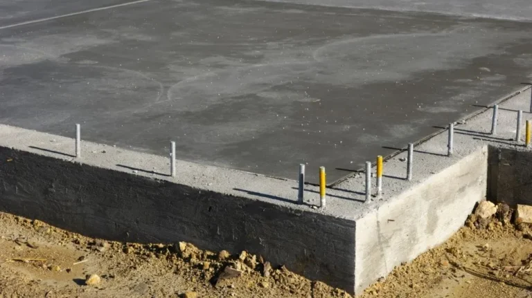 Concrete foundation slab with metal anchor bolts protruding, surrounded by soil and construction site.