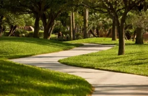 Curved concrete pathway winding through green grass and shaded by mature trees.